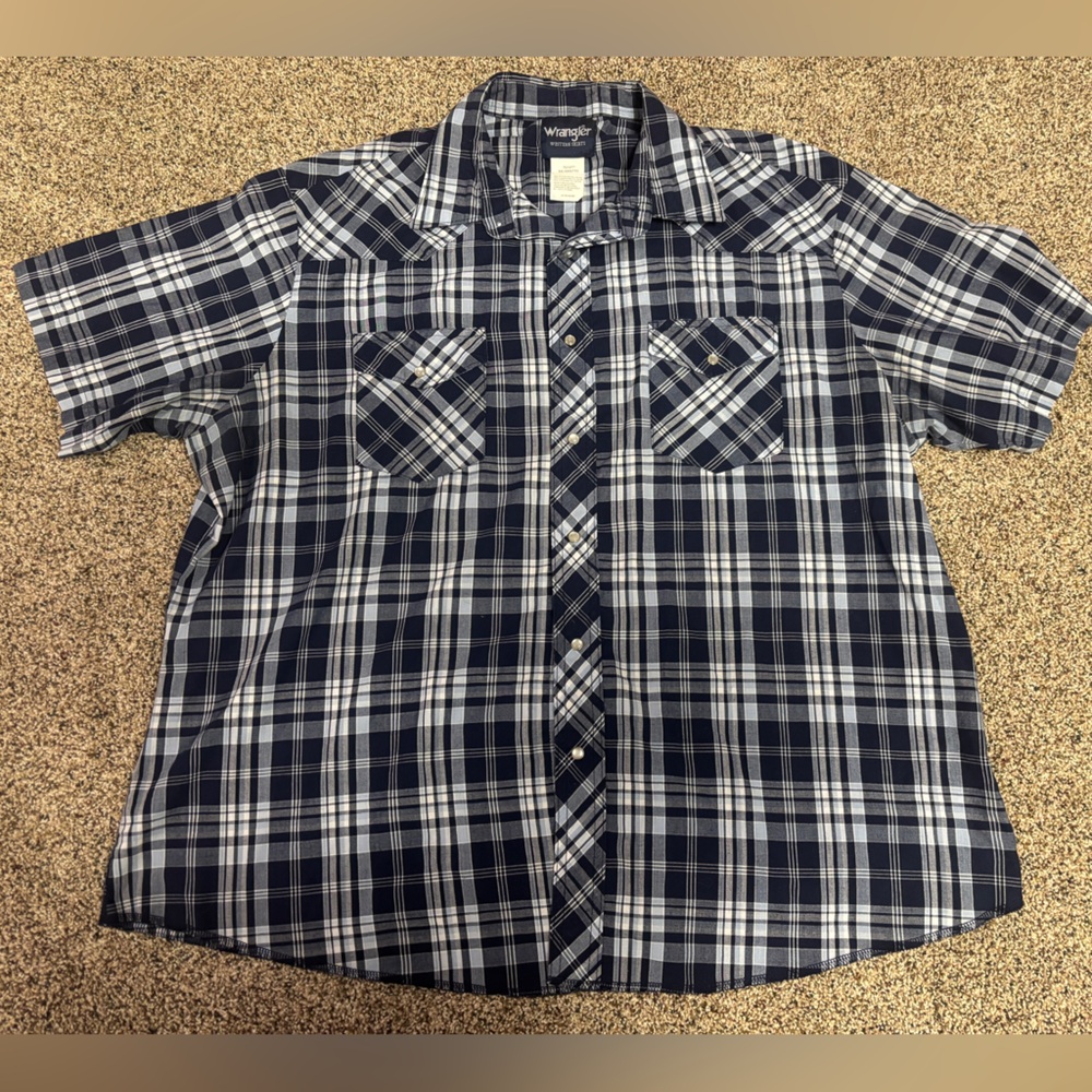 Western Pearl Snap Navy/Light Blue/White Short Sleeve Button Wrangler Men's XXL